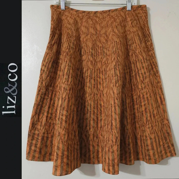 LIZ & CO Rust Brown Geometric Leaf Abstract Fall Skirt 100% Cotton, Lined, 10 - Picture 2 of 13